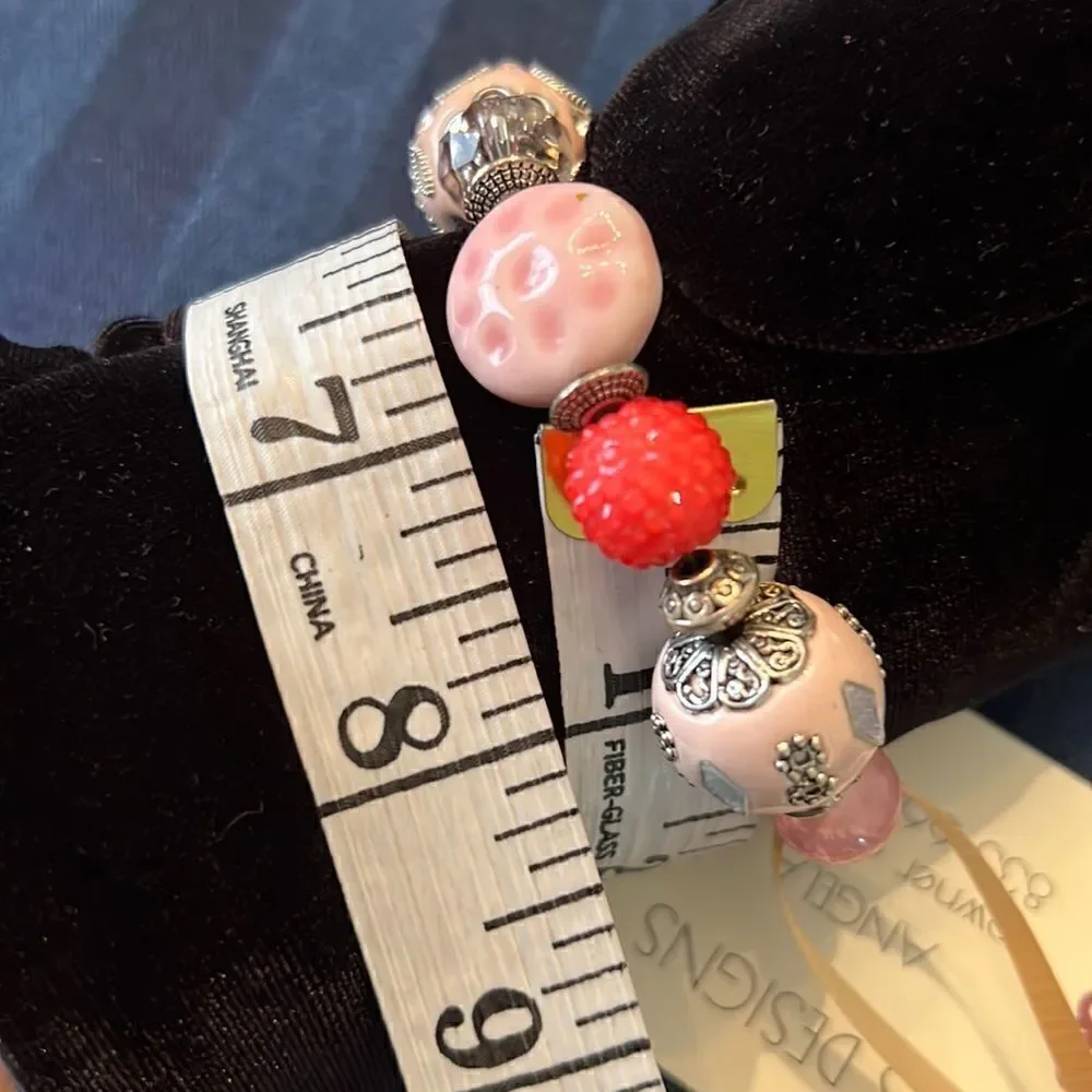 NWT Angelas Designs handmade stretchy Pink silver beaded bracelet